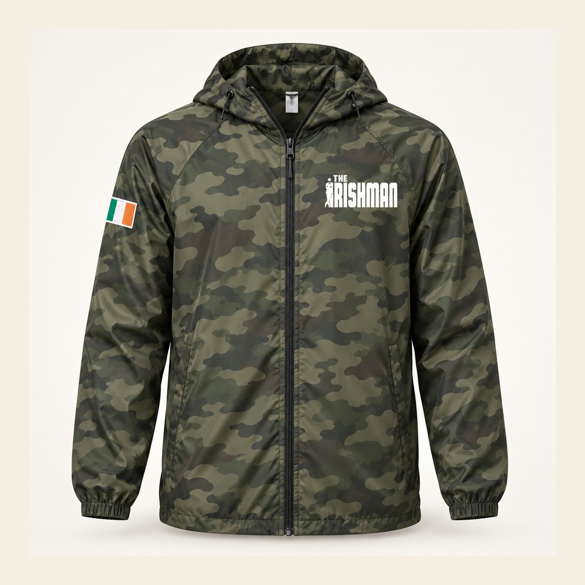 Camo windbreaker with The Irishman logo
